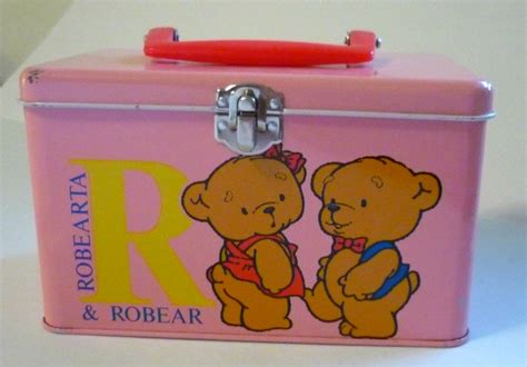 robearta and robear cartoon metal lunch box|HTF 1985 Sanrio Robear & Roberta Metal/Tin Carrying Case.